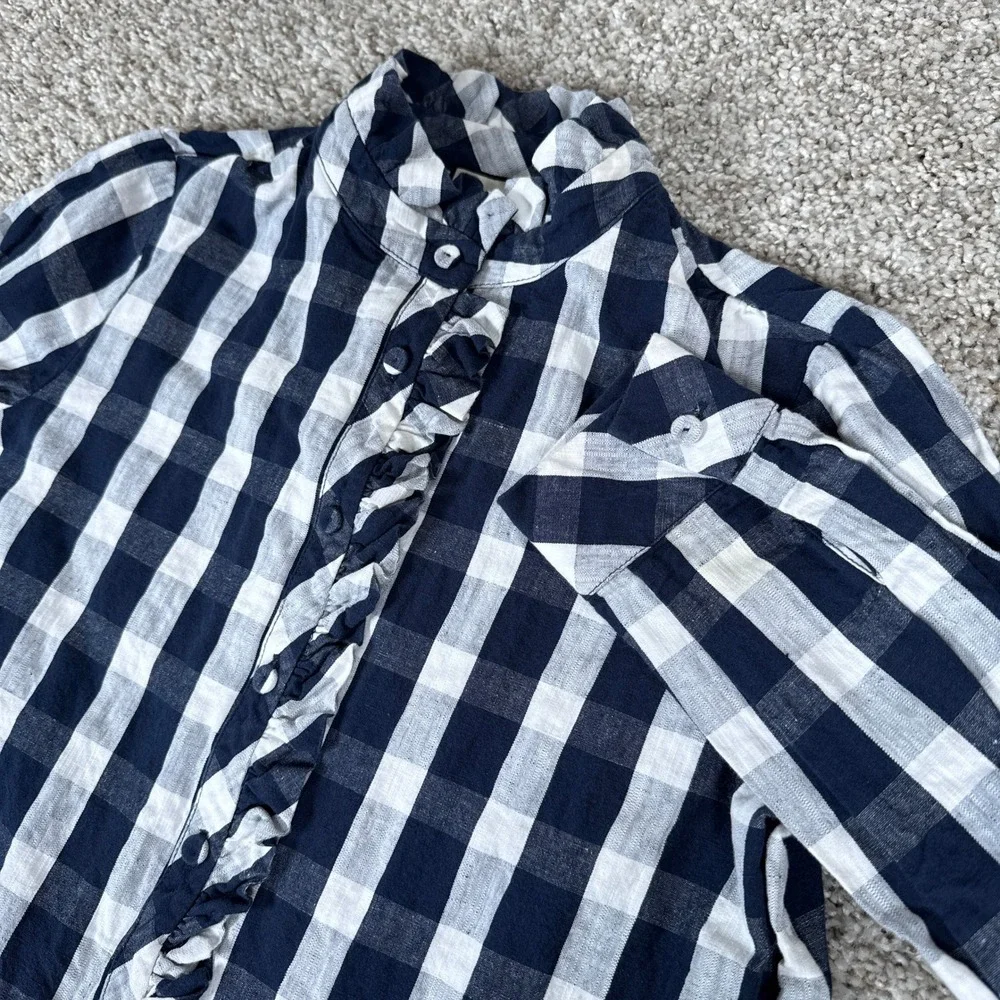 Tuckernuck Dress Womens XXS Navy White Plaid Tate Ruffle Button Drop Waist Linen